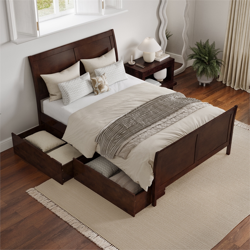 Leo & Lacey Full Storage Wood Platform Bed with Matching Footboard in Walnut