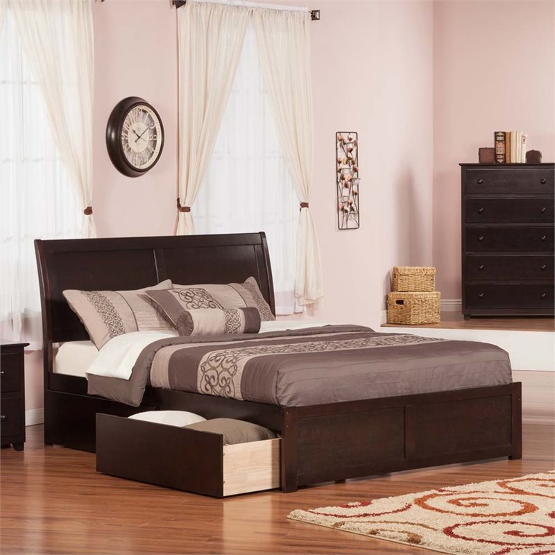 Leo & Lacey Queen Wood Platform Bed with Footboard & Storage Drawers in Espresso