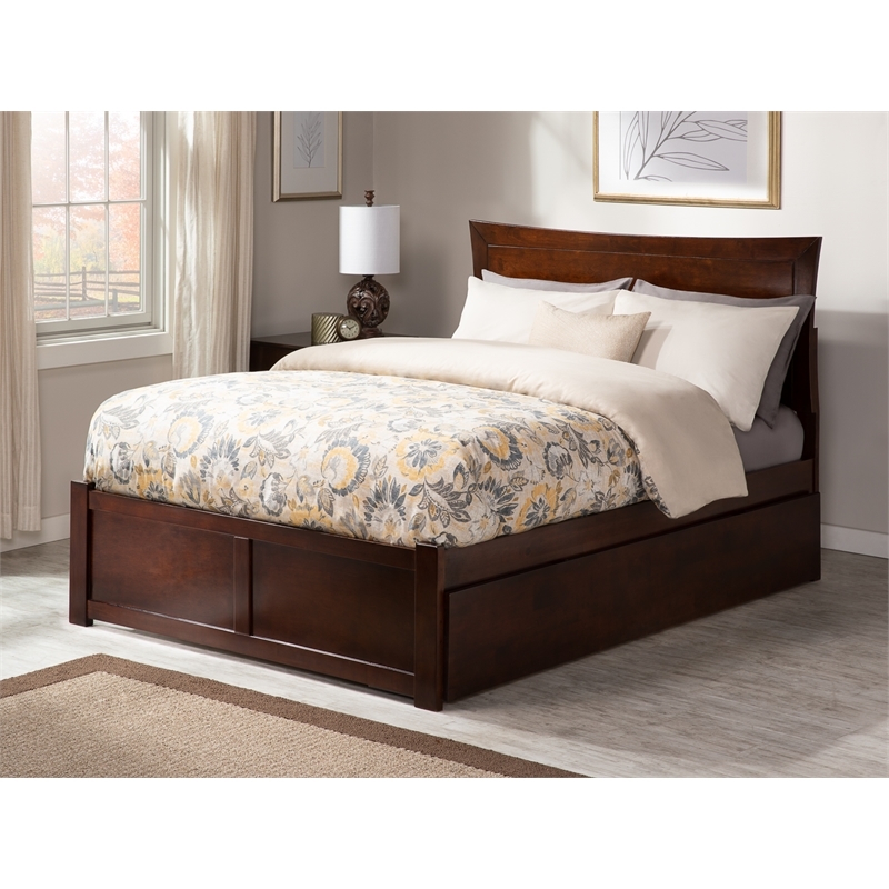Leo & Lacey Transitional Solid Wood Full Platform Bed w/ Twin Trundle in Walnut