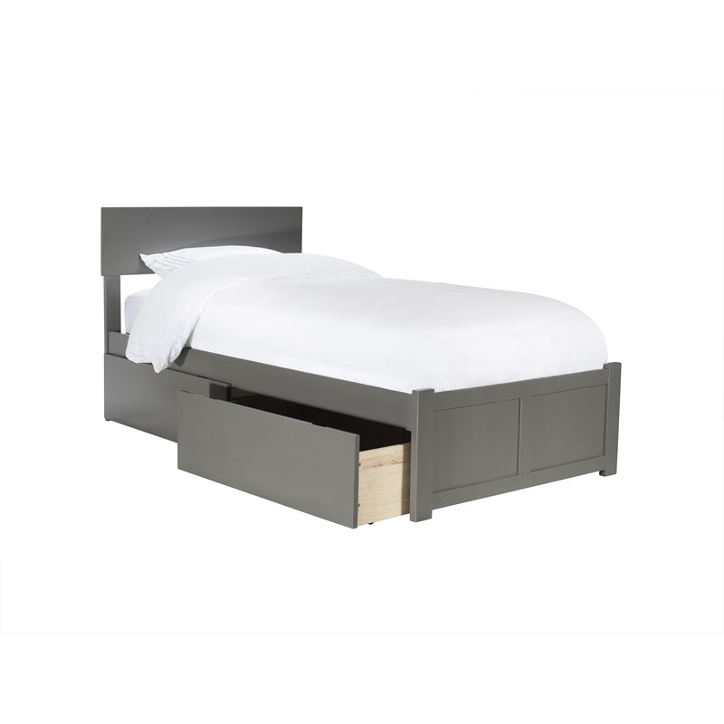 Leo & Lacey Twin Wood Platform Bed w/Footboard & Storage Drawers in Gray