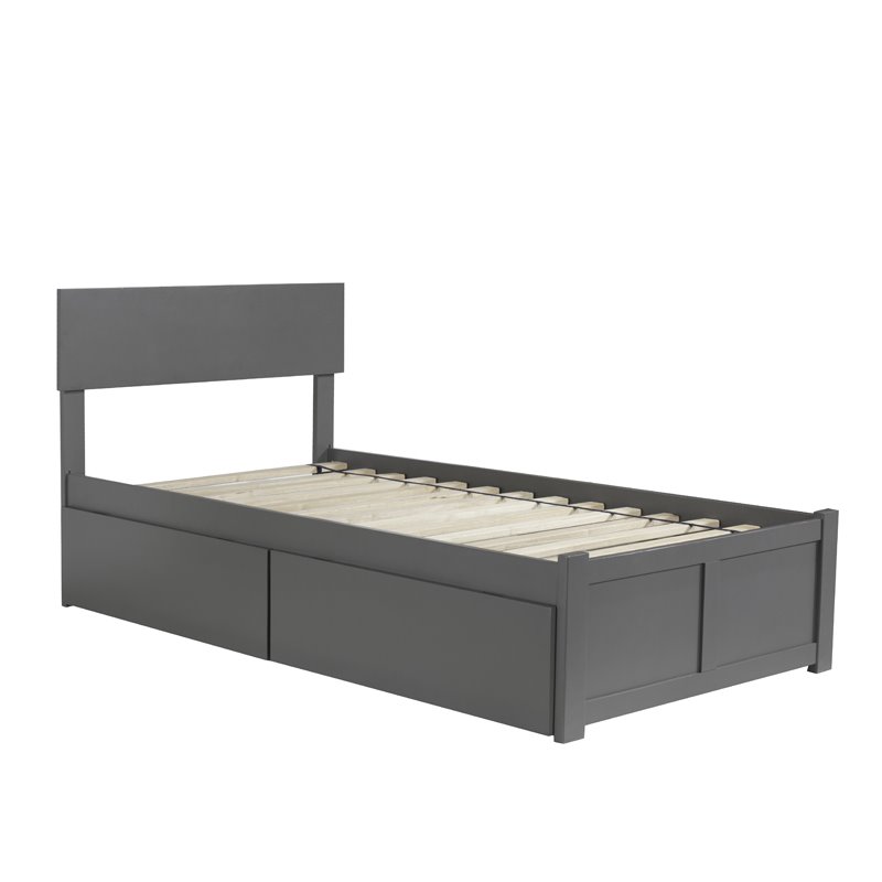Leo & Lacey Twin Wood Platform Bed w/Footboard & Storage Drawers in Gray