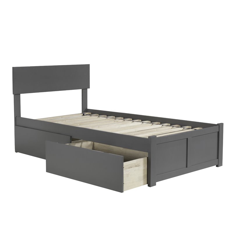 Leo & Lacey Twin Wood Platform Bed w/Footboard & Storage Drawers in Gray