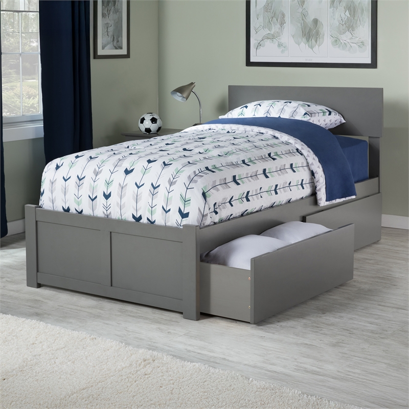 Leo & Lacey Twin Wood Platform Bed w/Footboard & Storage Drawers in Gray
