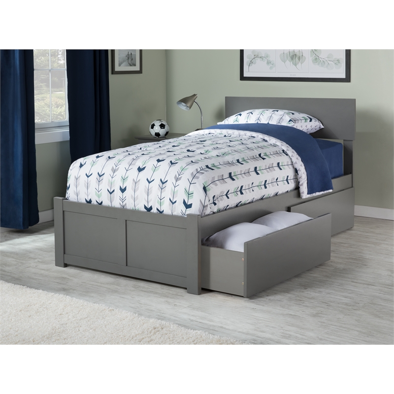 Leo & Lacey Twin Wood Platform Bed w/Footboard & Storage Drawers in Gray