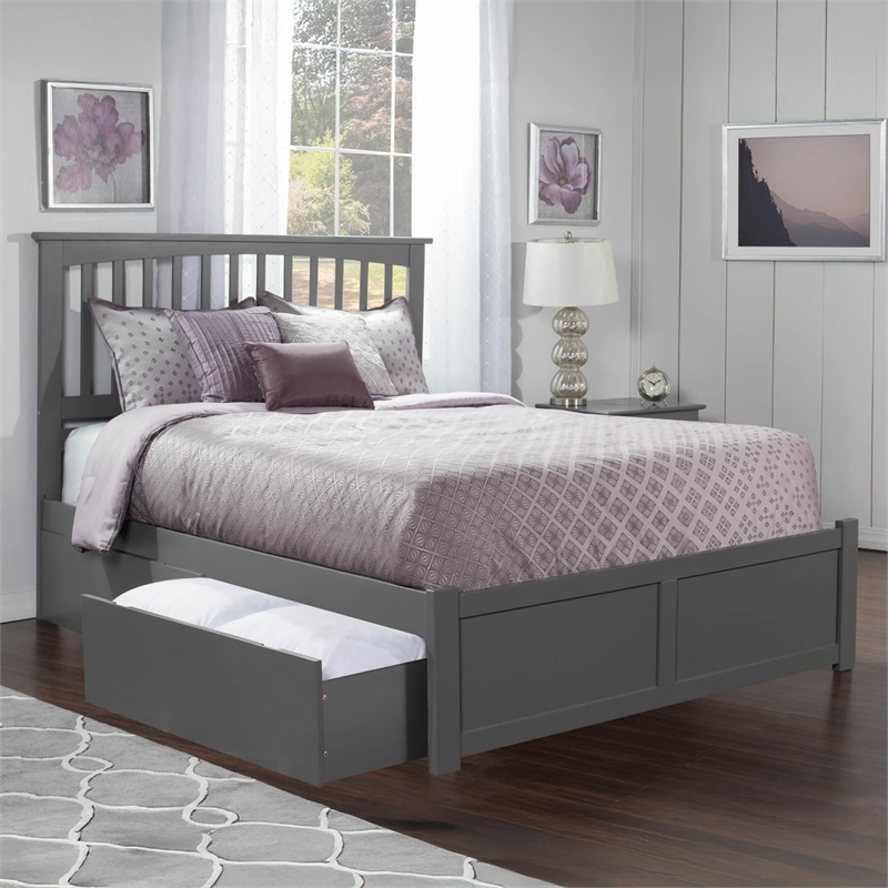 Leo & Lacey Queen Wood Platform Bed with Footboard and Storage Drawers in Grey