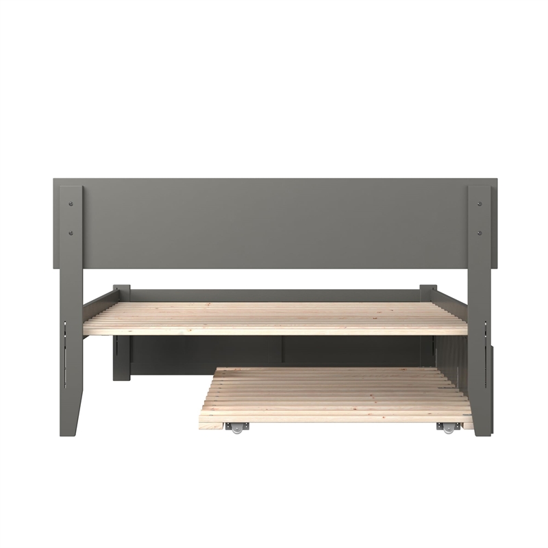 Leo & Lacey Full Wood Platform Bed with Footboard and Twin Trundle in Grey