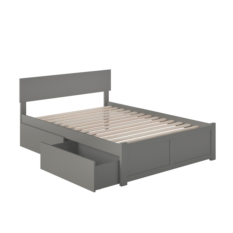 Leo & Lacey Full Wood Platform Bed with Footboard and Storage Drawers in Grey