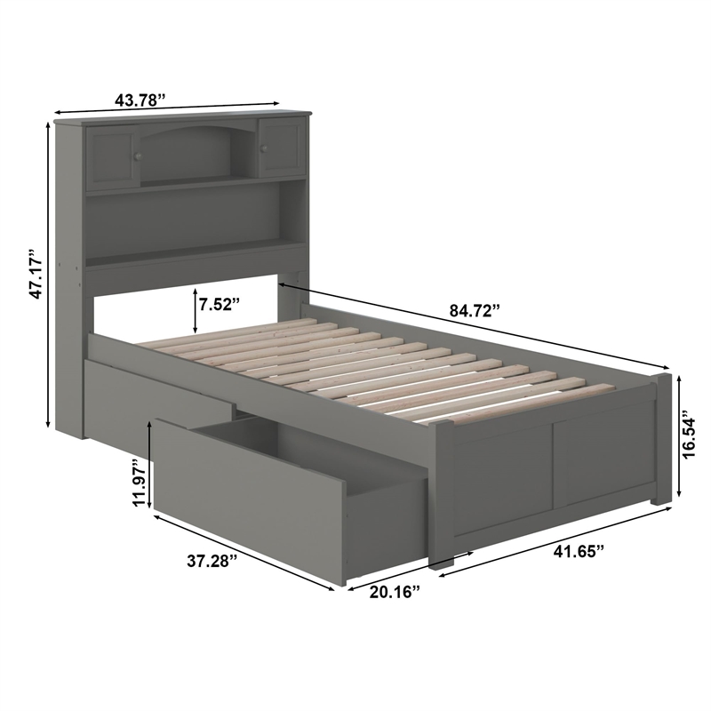 Leo & Lacey Contemporary Twin Solid Wood with 2 Storage Drawers in Grey