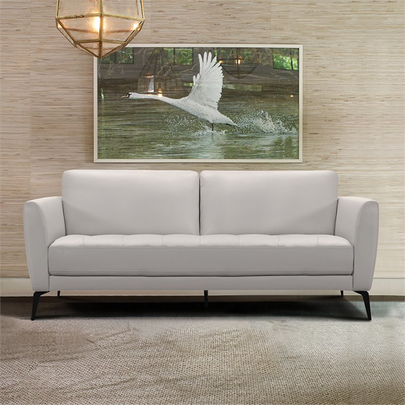 Natural Greige Modern Leather and Metal Sofa in Dove Gray/Black
