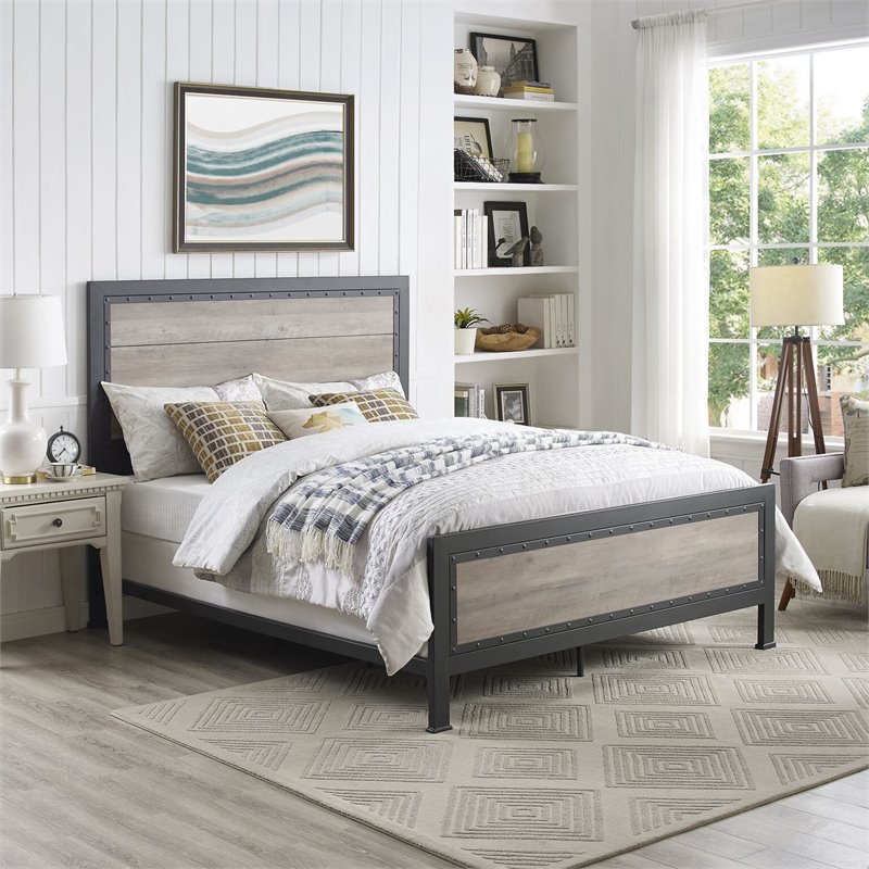 Natural Greige Queen Wood and Metal Panel Bed in Gray