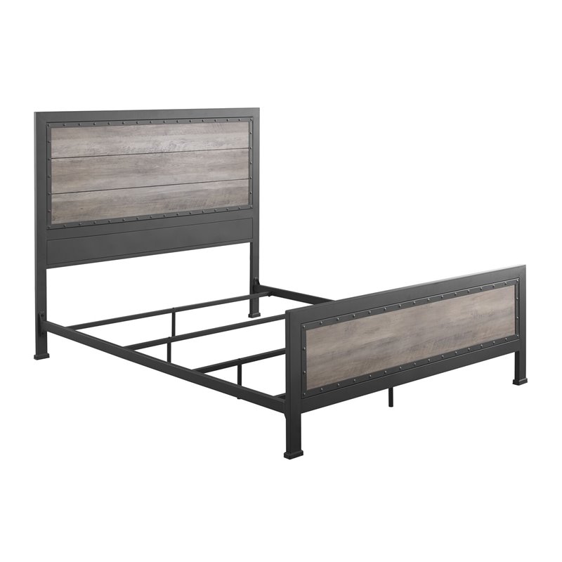 Natural Greige Queen Wood and Metal Panel Bed in Gray