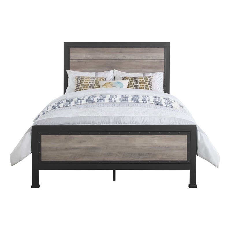 Natural Greige Queen Wood and Metal Panel Bed in Gray