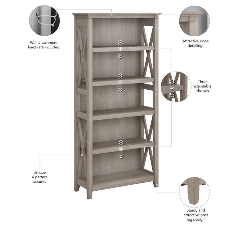 Bush Furniture Key West 5 Shelf Bookcase in Washed Gray