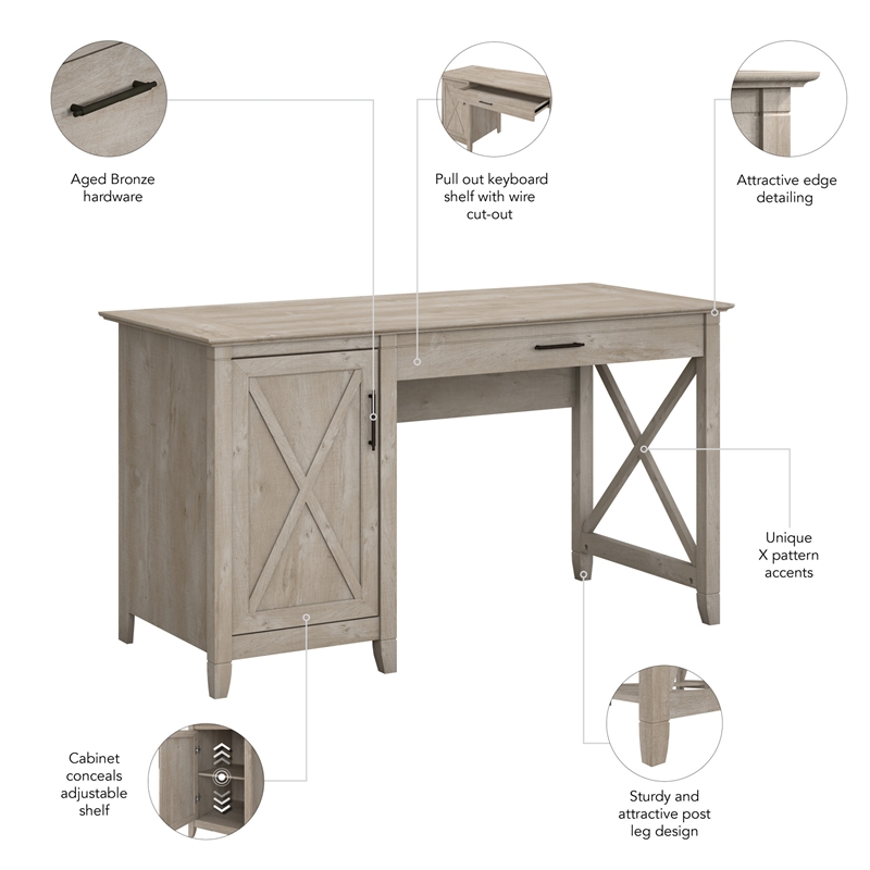 Key West 54W Computer Desk with Storage in Washed Gray - Engineered Wood