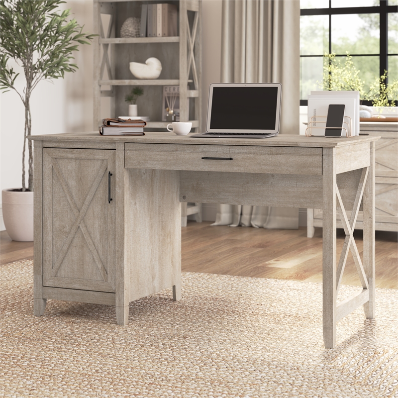 Key West 54W Computer Desk with Storage in Washed Gray - Engineered Wood