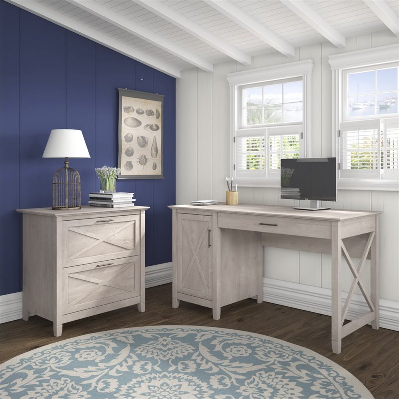 Bush Furniture Key West 54W Computer Desk with Storage and File Cabinet in Gray