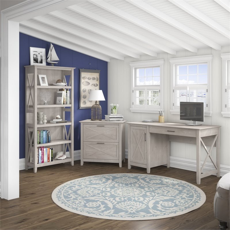 Bush Furniture Key West 54W Computer Desk 3 Piece Office Suite in Gray