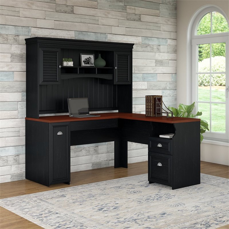 Fairview L Shaped Desk with Hutch in Antique Black - Engineered Wood