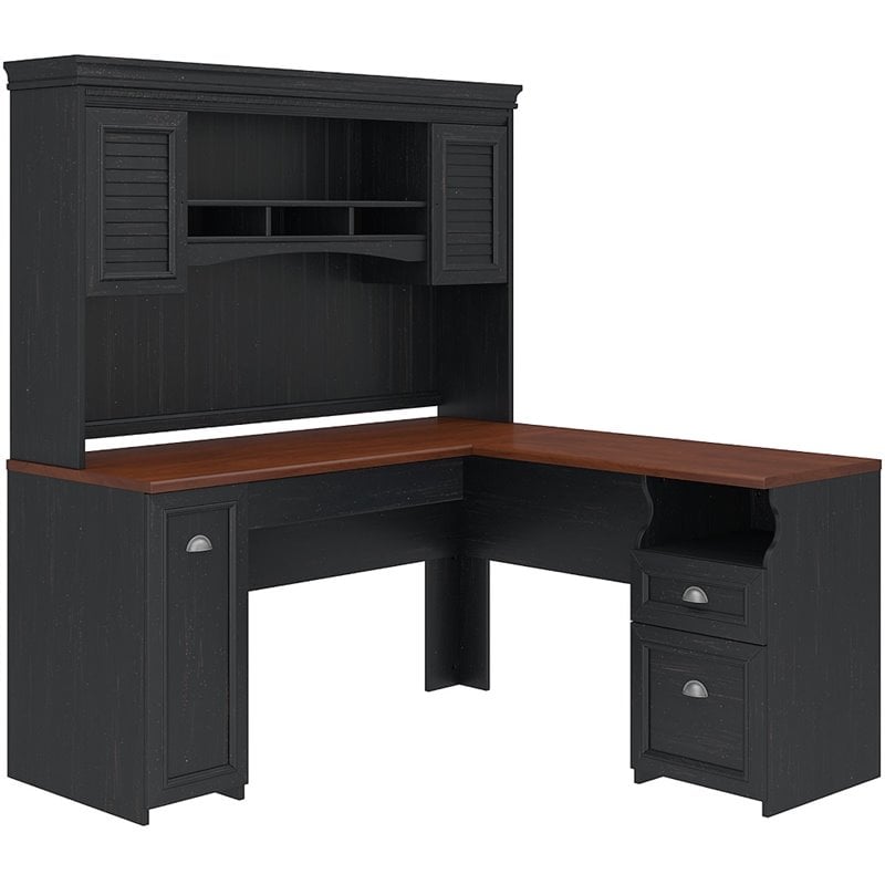 Fairview L Shaped Desk with Hutch in Antique Black - Engineered Wood