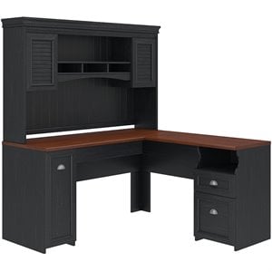 Fairview L Shaped Desk with Hutch in Antique Black - Engineered Wood