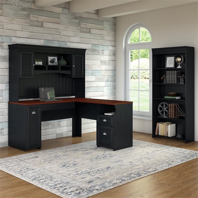 Fairview L Desk with Hutch and Bookcase in Antique Black - Engineered Wood