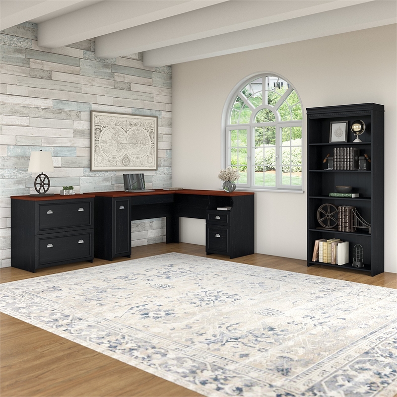 Fairview L Desk with File Cabinet & Bookcase in Antique Black - Engineered Wood