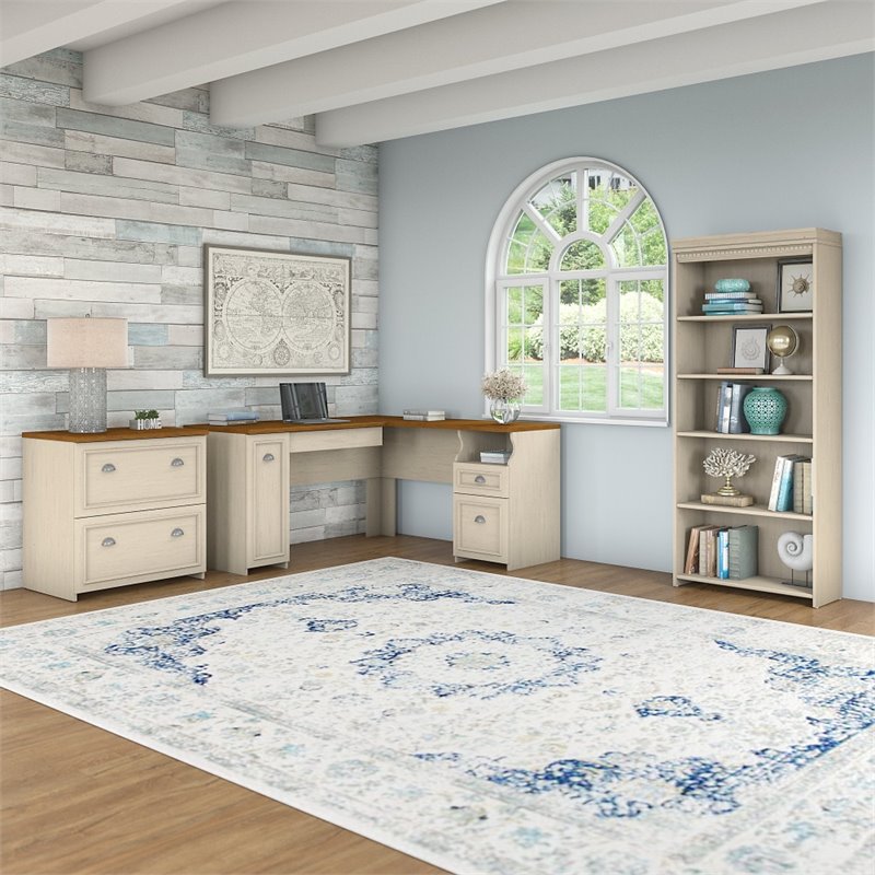 Fairview L Desk with File Cabinet & Bookcase in Antique White - Engineered Wood