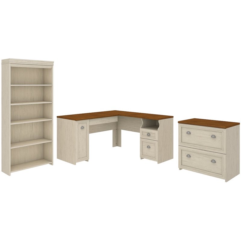 Fairview L Desk with File Cabinet & Bookcase in Antique White - Engineered Wood