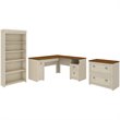 Fairview L Desk with File Cabinet & Bookcase in Antique White - Engineered Wood