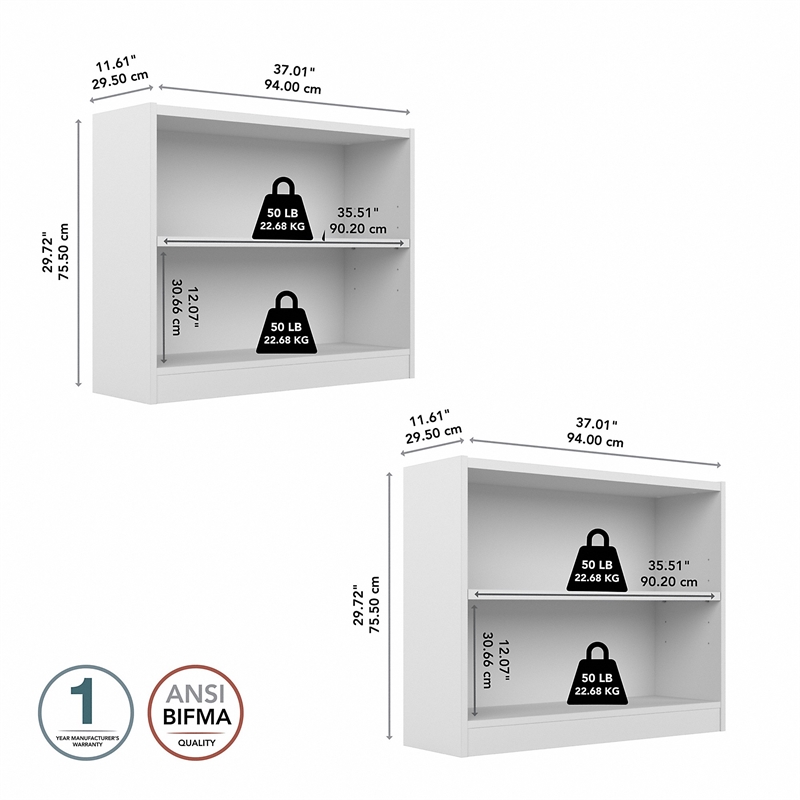 Bush Furniture Universal 2 Shelf Bookcase in Pure White (Set of 2)