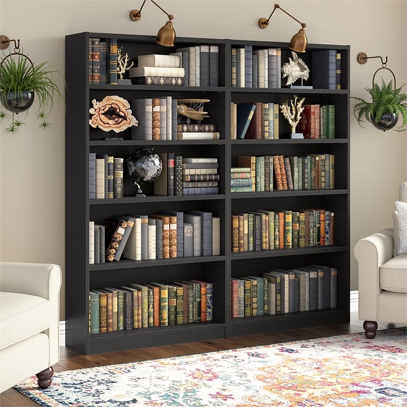 Bush Furniture Universal 5 Shelf Bookcase in Classic Black (Set of 2)