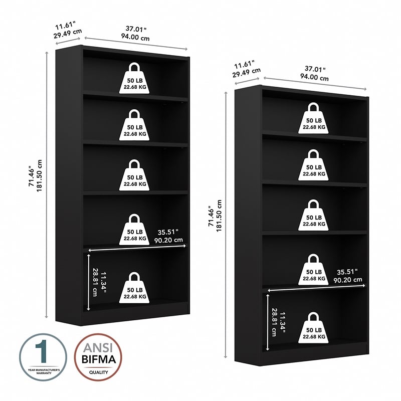 Bush Furniture Universal 5 Shelf Bookcase in Classic Black (Set of 2)