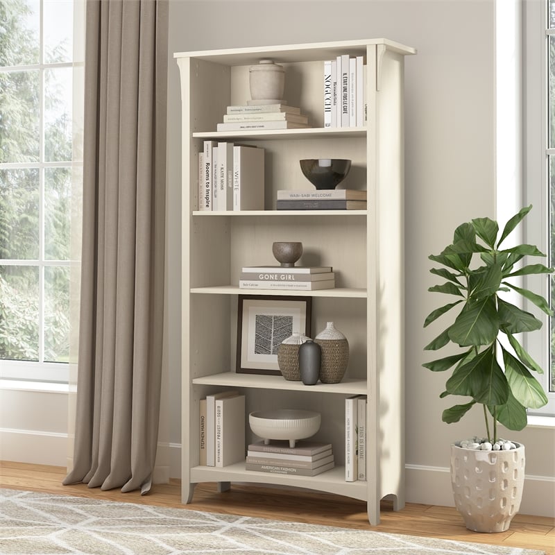 Salinas Tall 5 Shelf Bookcase in Antique White - Engineered Wood