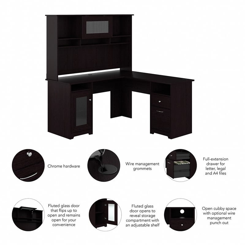 Cabot L Shaped Desk with Hutch in Espresso Oak - Engineered Wood