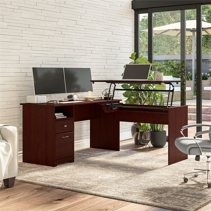 Bush Furniture Cabot 60W 3 Position L Shaped Sit to Stand Desk in Harvest Cherry