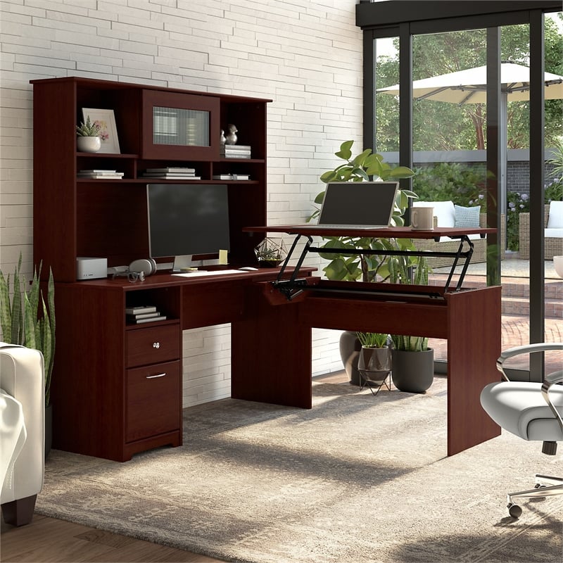 Bush Furniture Cabot 60W 3 Position L Shaped Sit Stand Desk with Hutch in Cherry