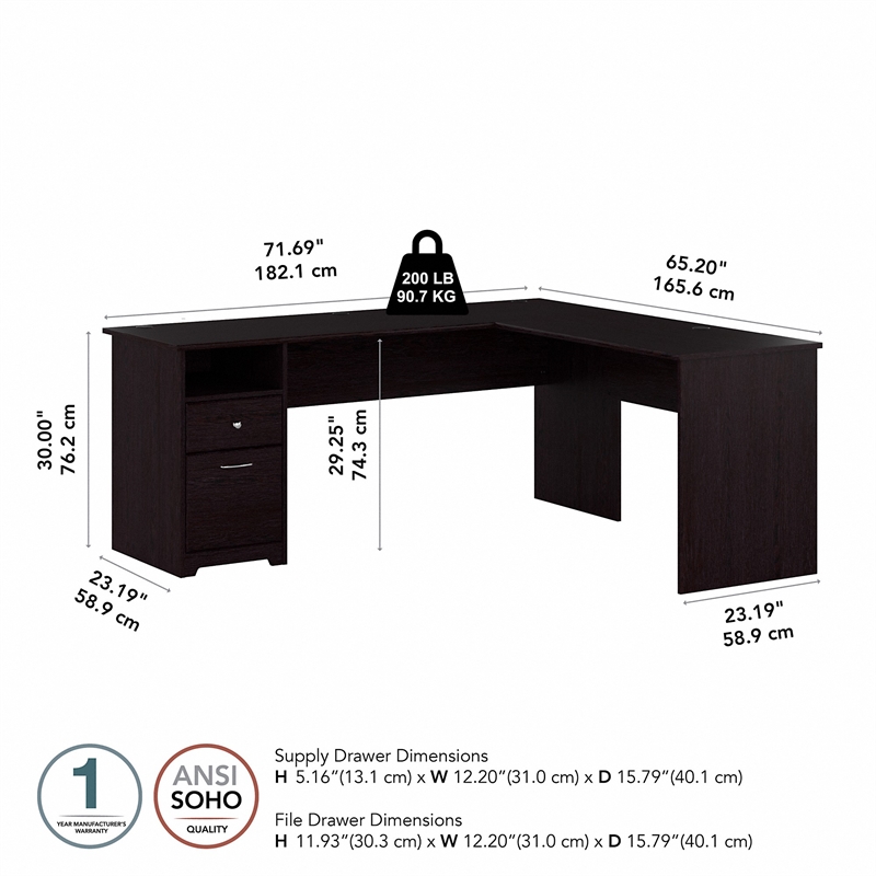 Cabot 72W L Shaped Computer Desk with File in Espresso Oak - Engineered Wood