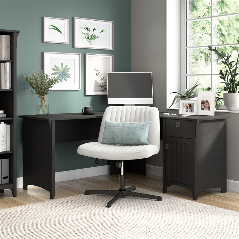 Salinas 60W L Shaped Desk with Storage in Vintage Black - Engineered Wood