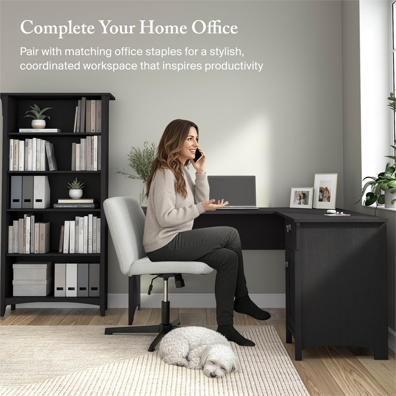 Salinas 60W L Shaped Desk with Storage in Vintage Black - Engineered Wood