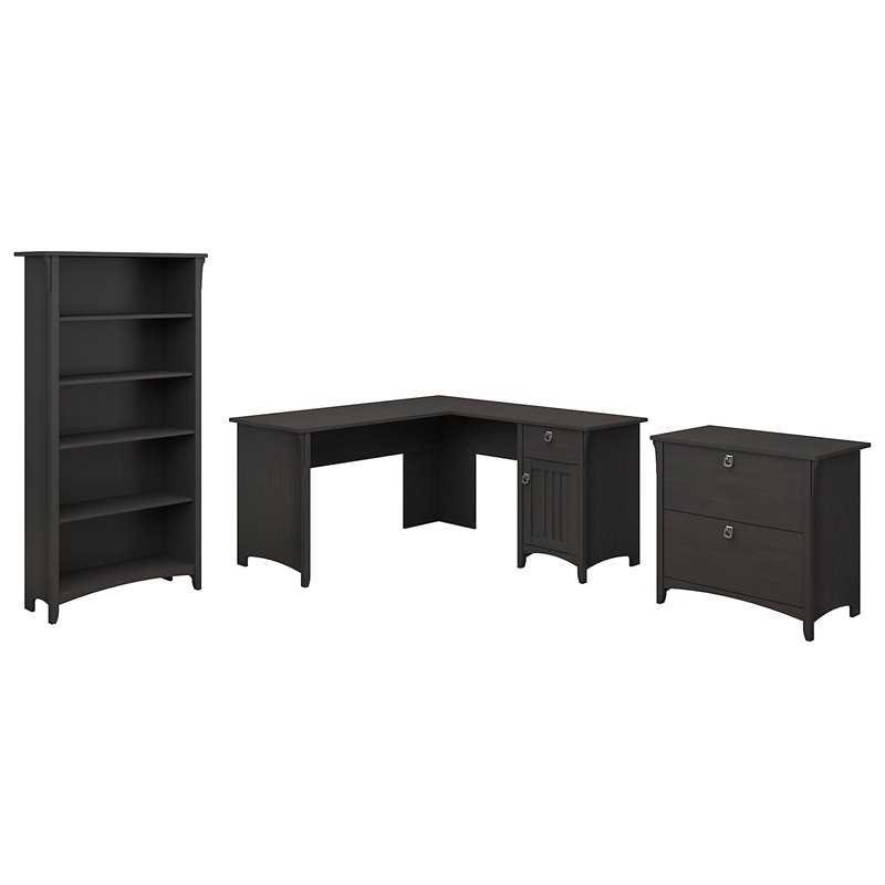 Salinas L Desk with Storage 3 Pc. Set in Vintage Black - Engineered Wood