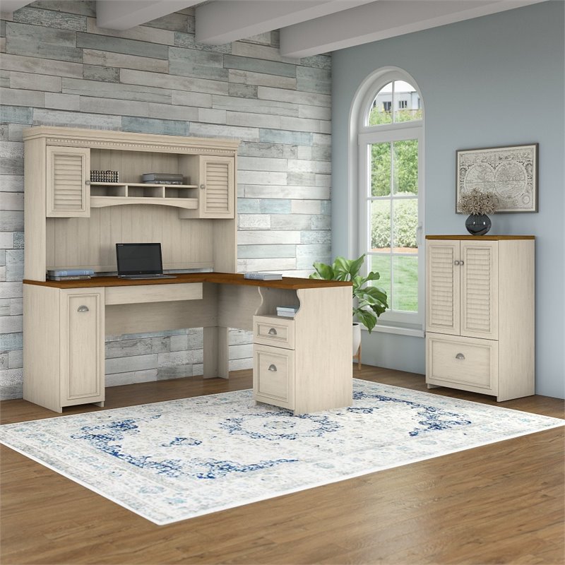 Fairview L Desk with Hutch and Storage in Antique White - Engineered Wood