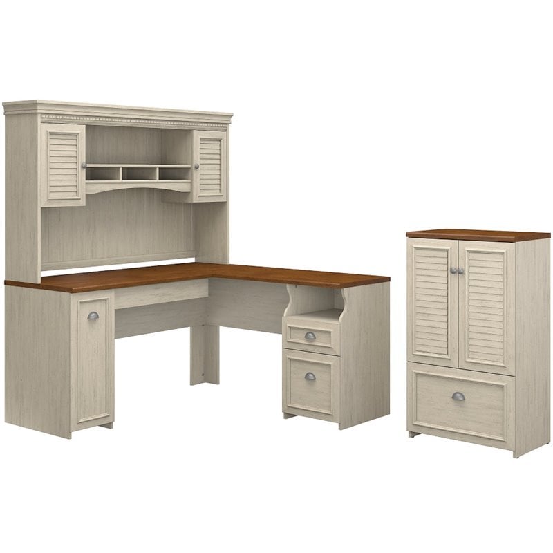 Fairview L Desk with Hutch and Storage in Antique White - Engineered Wood