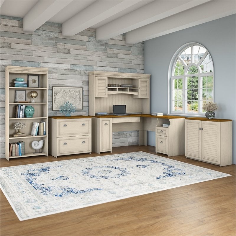 Fairview L Desk 5 Pc Office Set with Storage in Antique White - Engineered Wood