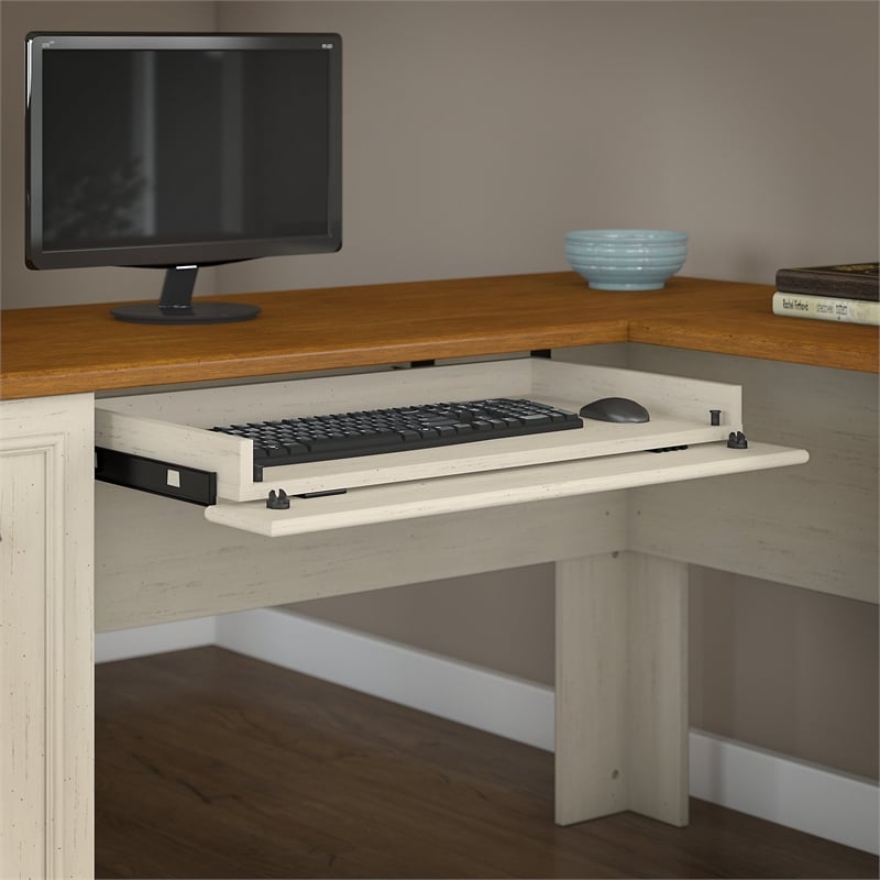 Fairview L Desk with Hutch and File Cabinet in Antique White - Engineered Wood