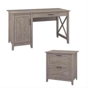 Bush Furniture Key West 2 Piece 54&quot Single Pedestal Desk and File Cabinet Set in Washed Gray