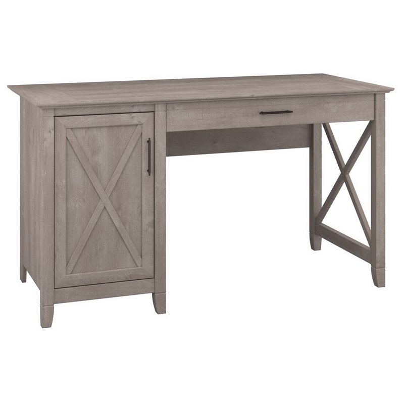 Bush Furniture Key West 2 Piece Single Pedestal Desk and 5 Shelf Bookcase Set in Washed Gray