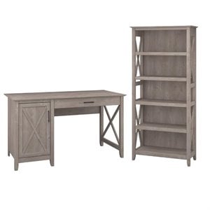 Bush Furniture Key West 2 Piece Single Pedestal Desk and 5 Shelf Bookcase Set in Washed Gray