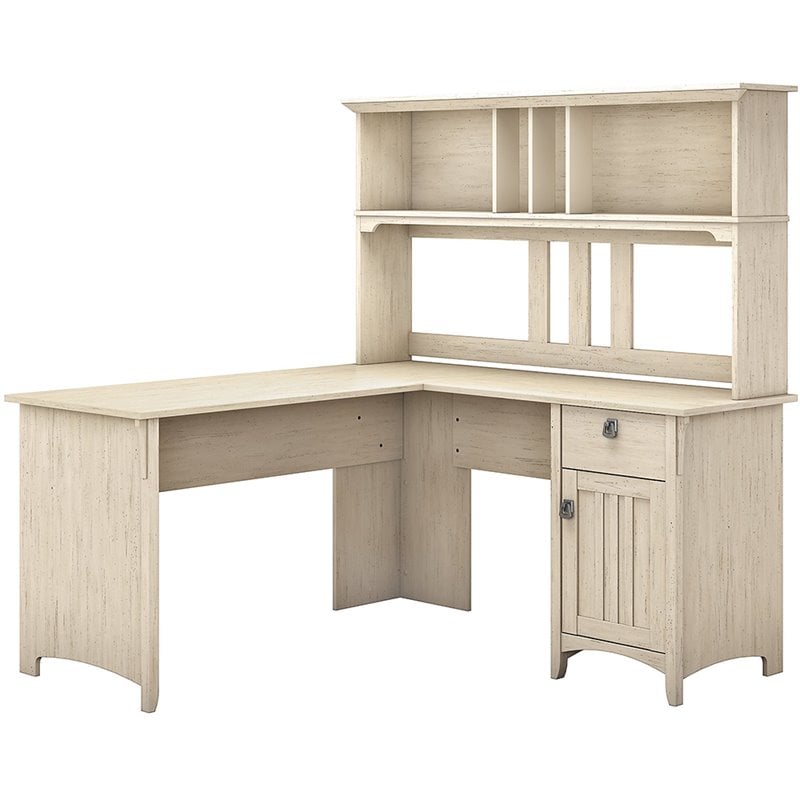 Bush Furniture Salinas L Shaped Desk with Hutch in Antique White SAL004AW