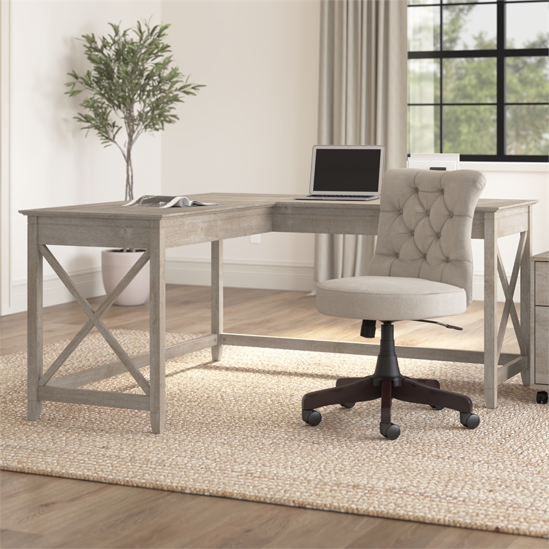 Bush Furniture Key West 60W L Shaped Desk in Washed Gray - Engineered Wood