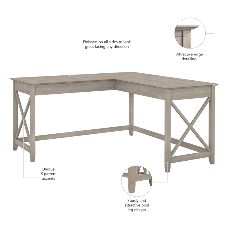 Bush Furniture Key West 60W L Shaped Desk in Washed Gray - Engineered Wood